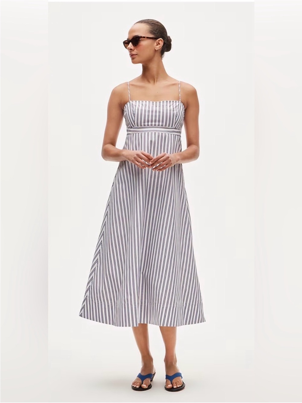 J. Crew White and Navy Striped Spaghetti‑Strap Midi Dress